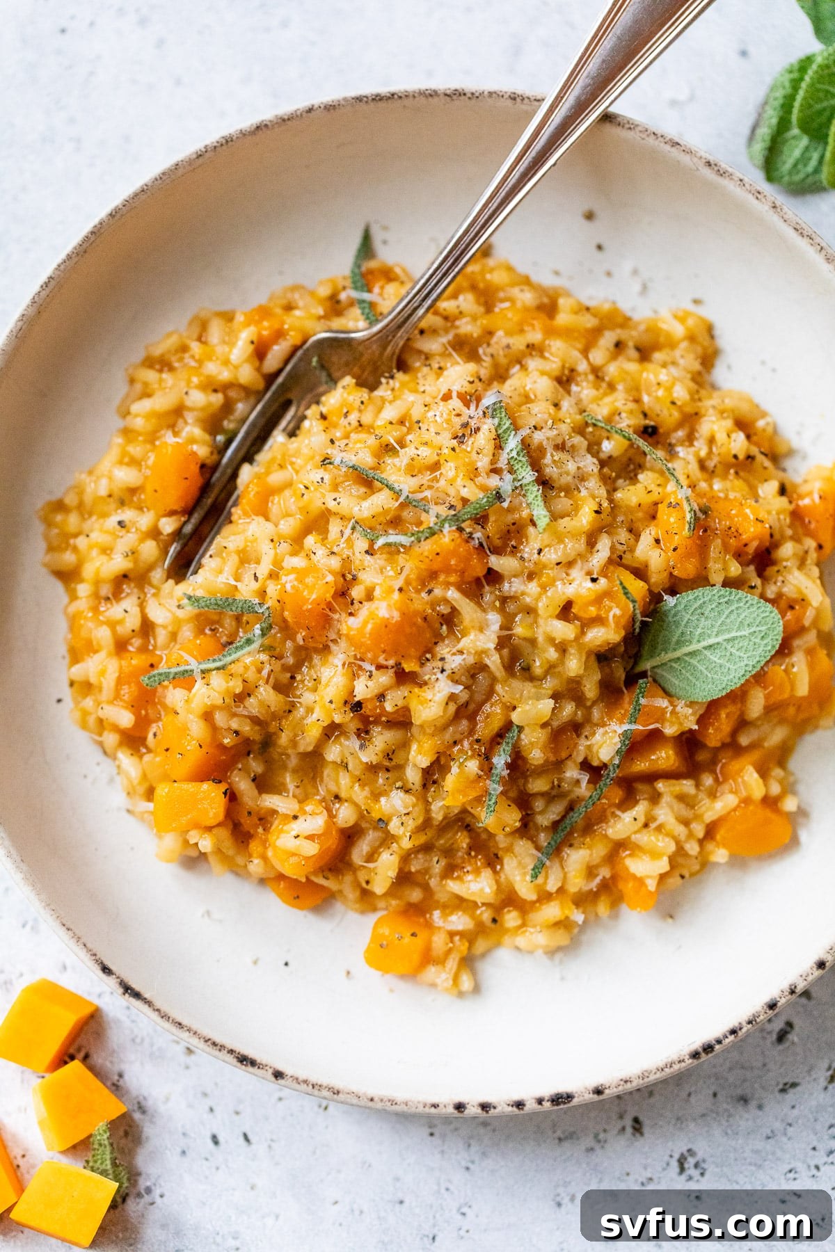 A perfectly portioned plate of Butternut Squash Risotto, beautifully garnished with fresh sage leaves and a sprinkle of Parmesan cheese, showcasing a delicious meal ready to be enjoyed.