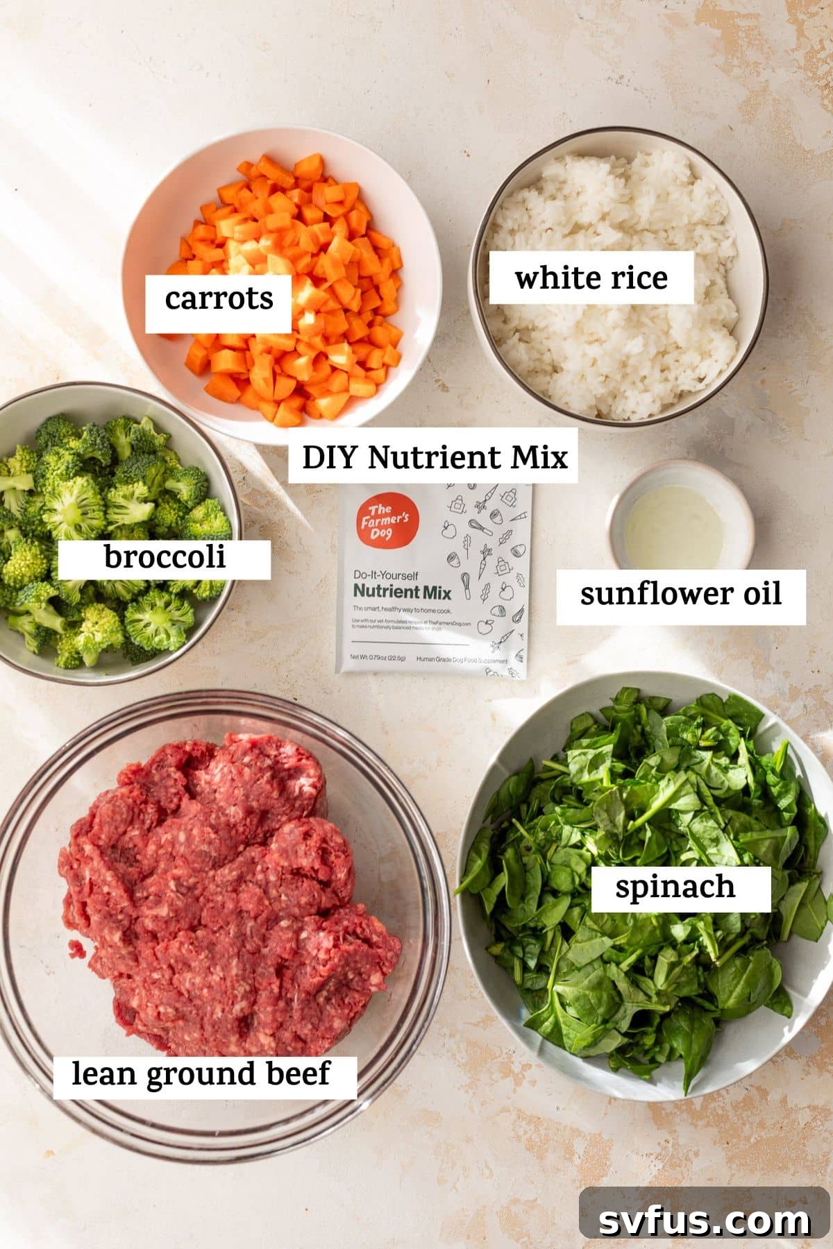 Bowls of raw ingredients for homemade dog food, including ground beef, rice, carrots, broccoli, and spinach.