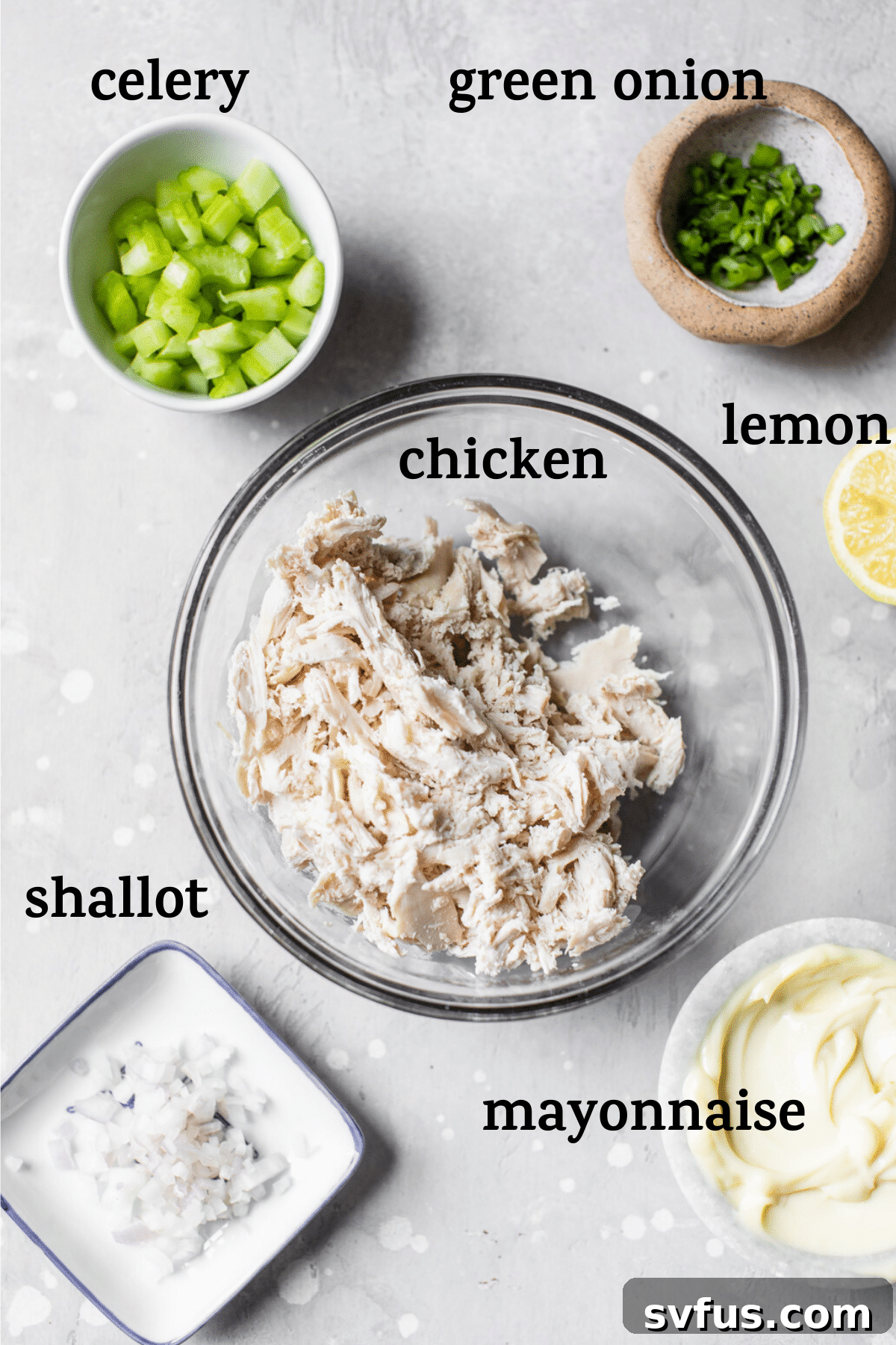 chicken salad ingredients with text overlay