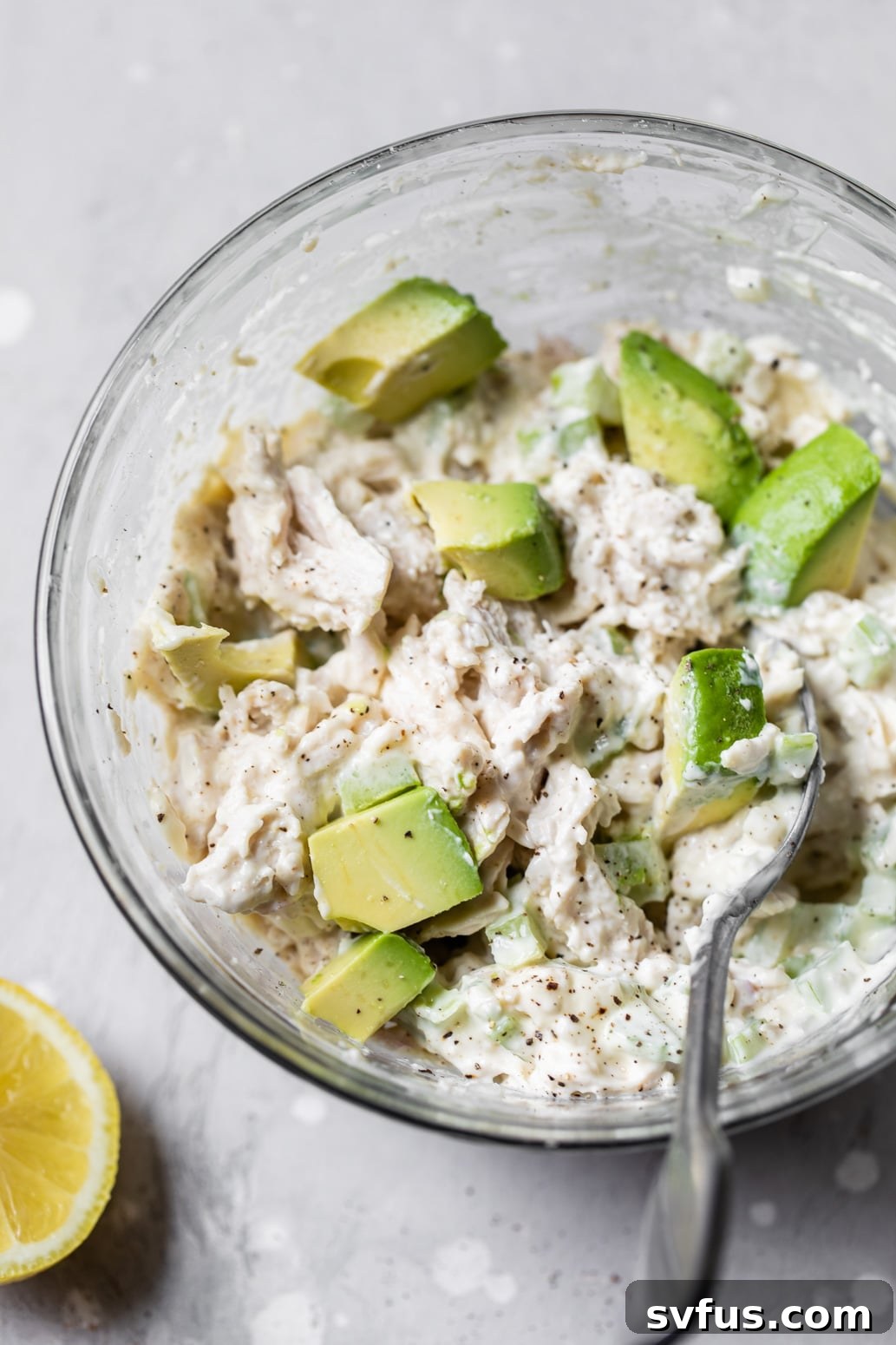chicken salad with diced avocado in a bowl