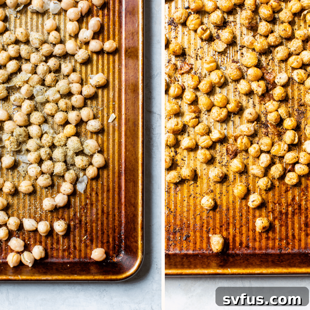 Chickpeas spread on a baking sheet, seasoned and ready for roasting until crispy.