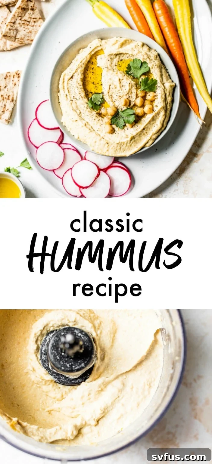 A collage of three images showing the process and final presentation of classic homemade hummus: a close-up of hummus in a bowl, hummus being blended in a food processor, and a garnished bowl of hummus with pita and vegetables.