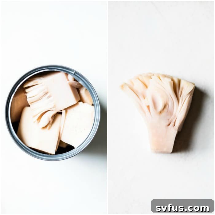 A can of young green jackfruit, the ideal ingredient for this vegan pulled pork recipe, showcasing the convenience of using canned varieties.