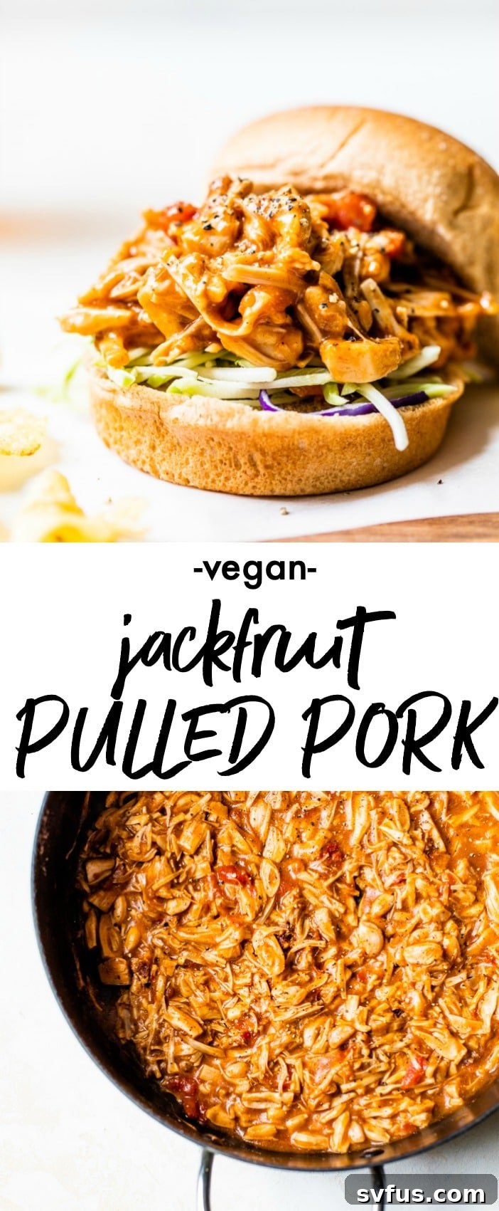 A vibrant collage featuring two delicious images: one showcases a hamburger bun generously filled with barbecue pulled jackfruit, while the other captures a close-up of the jackfruit simmering in a skillet, emphasizing the ease and appeal of this vegan recipe.