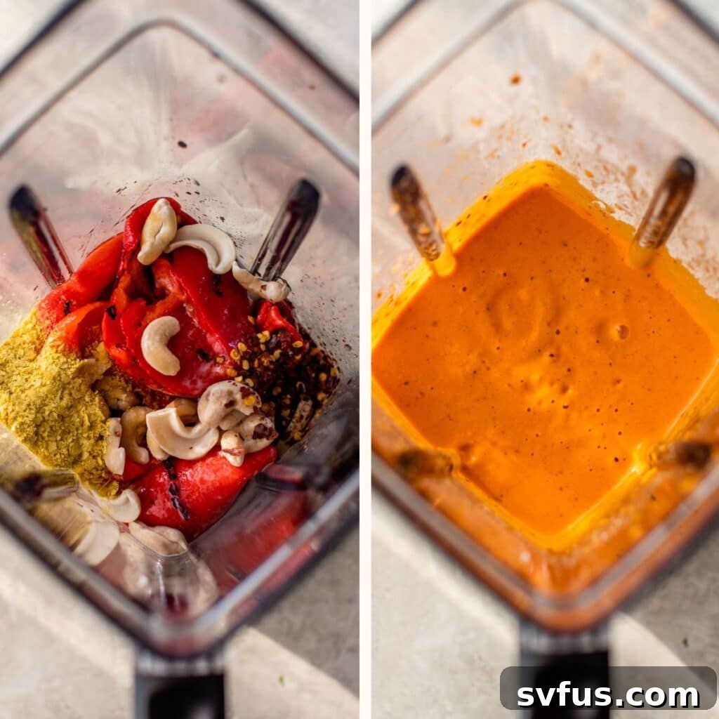 Left: Ingredients like roasted red peppers, cashews, and nutritional yeast ready in a blender. Right: The same ingredients blended into a smooth, creamy red pepper sauce.