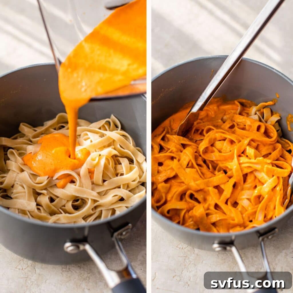 Left: Pouring freshly blended red pepper sauce from a blender onto cooked pasta in a saucepan. Right: The pasta coated in the vibrant red sauce, ready to be tossed.