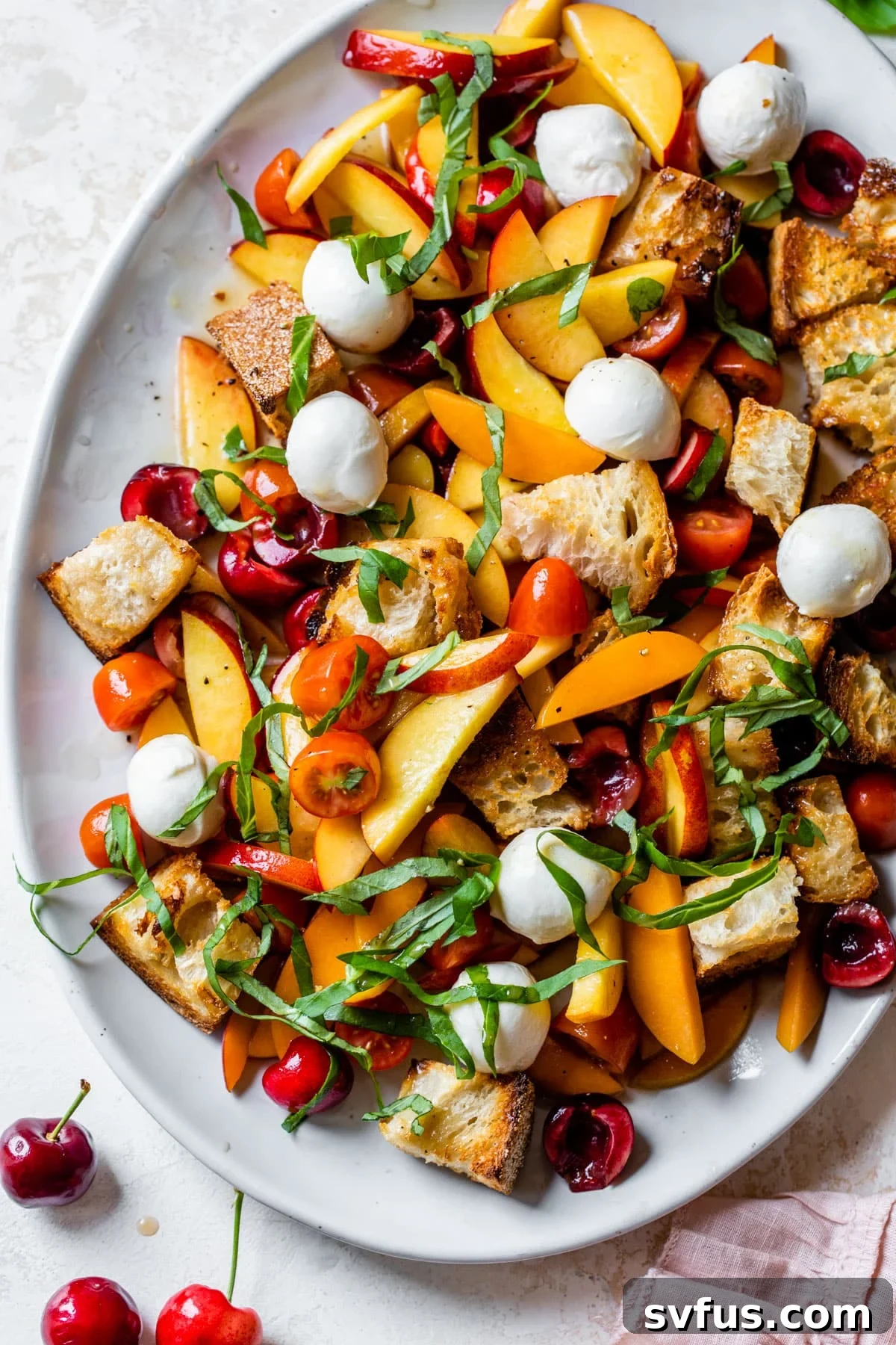 A beautifully arranged serving platter featuring a vibrant Stone Fruit Panzanella Salad, showcasing toasted bread cubes, colorful stone fruits, and fresh herbs.