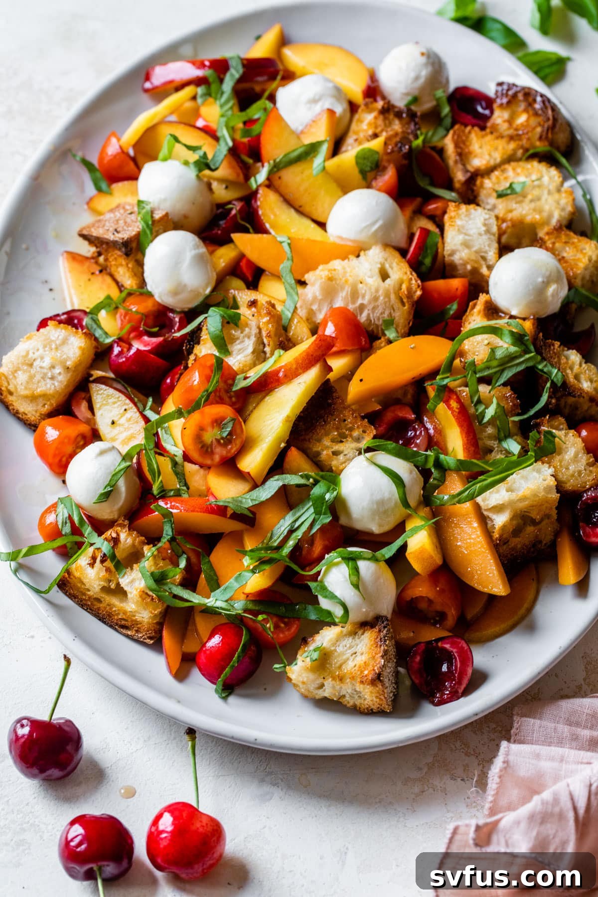 Close-up of the Stone Fruit Panzanella Salad on a serving platter, showing the rustic bread cubes, colorful fruits, and fresh basil leaves.