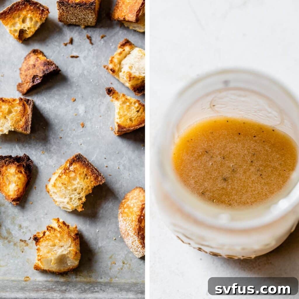 Two images side by side: on the left, toasted sourdough bread cubes scattered on a baking sheet; on the right, a mason jar filled with a freshly mixed vinaigrette.