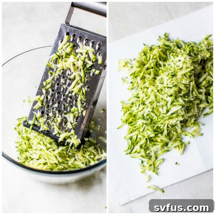 a large bowl filled with freshly grated zucchini, prepared and ready for mixing with other ingredients