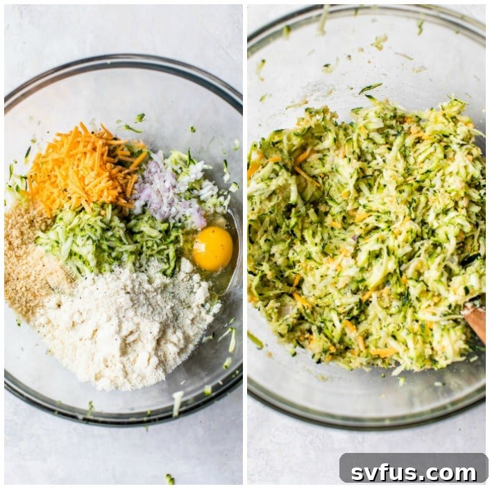 a large bowl containing grated zucchini mixed with egg, shallot, almond flour, breadcrumbs, and cheese, ready to be formed into fritters