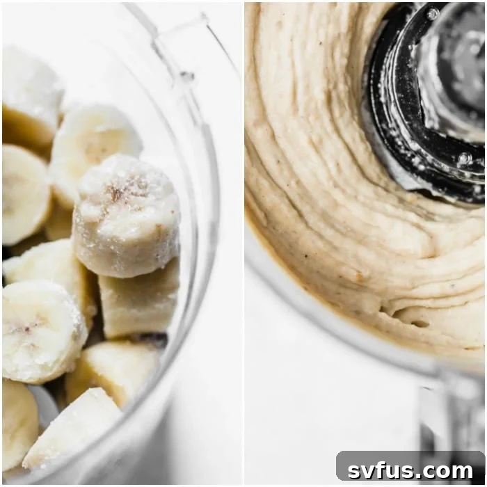 Frozen banana slices in a food processor, ready for blending