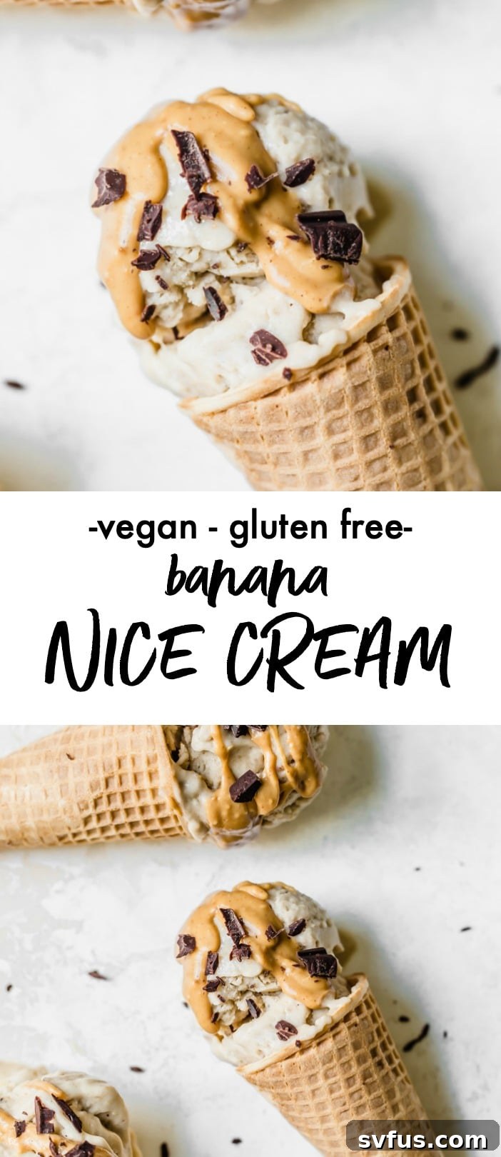 A close-up of a serving of banana nice cream drizzled with peanut butter