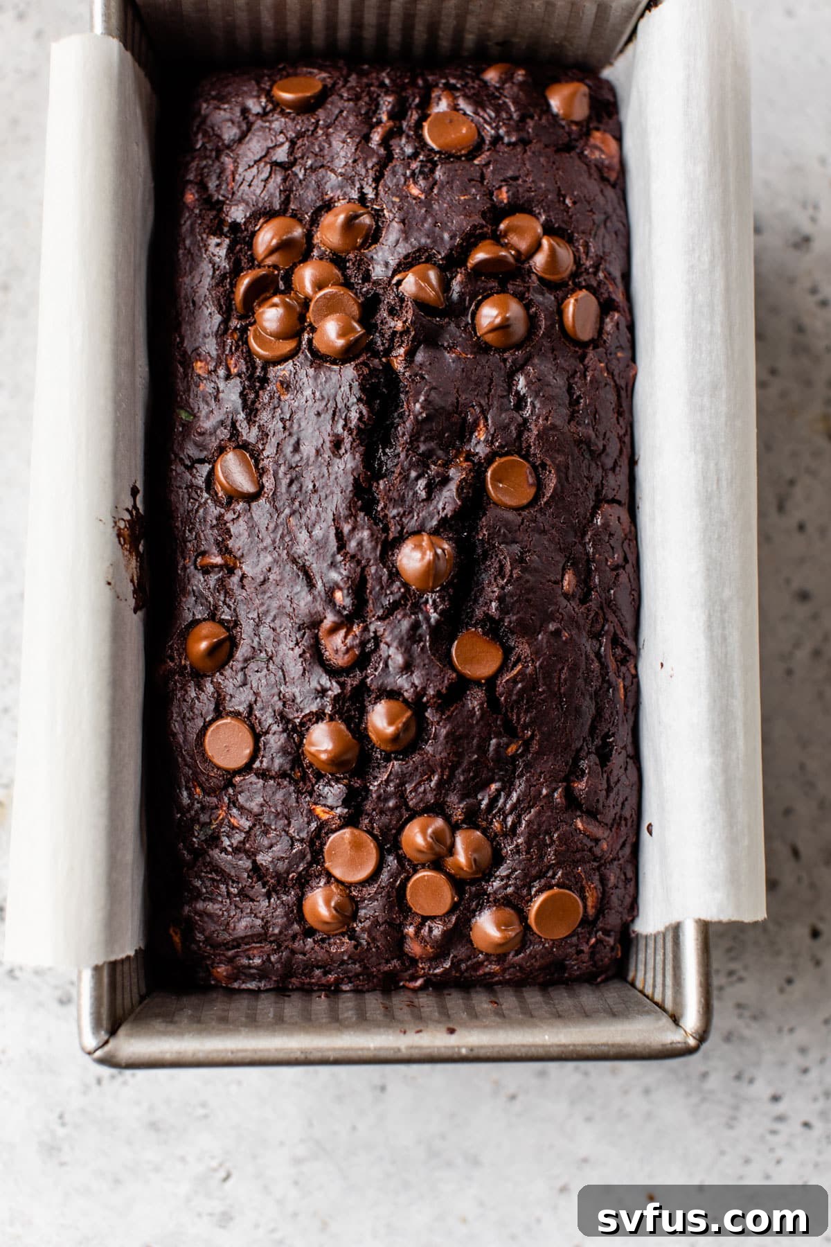 vegan chocolate zucchini bread in a loaf pan