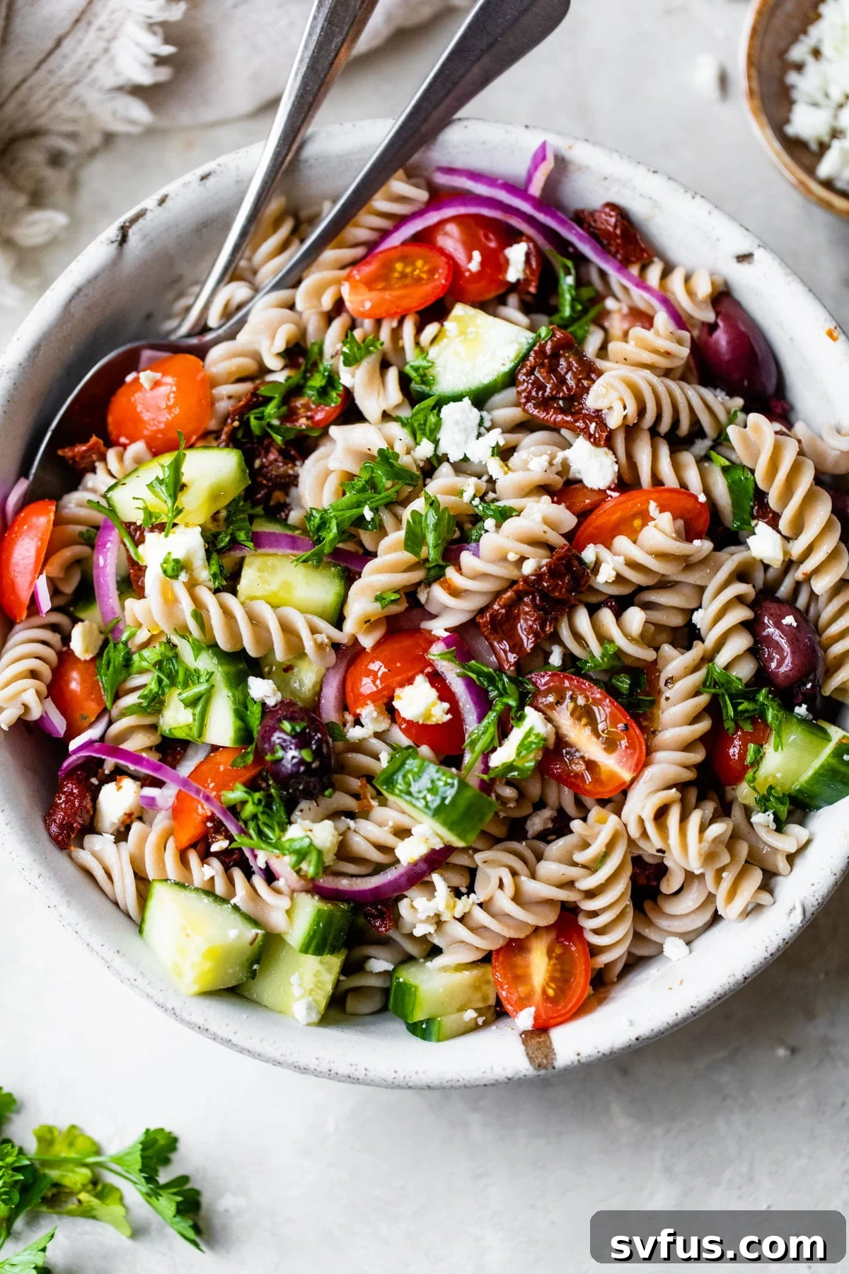 Vibrant Mediterranean Pasta Salad featuring various fresh ingredients
