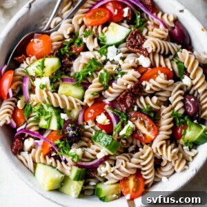 Mediterranean pasta salad made with fresh ingredients