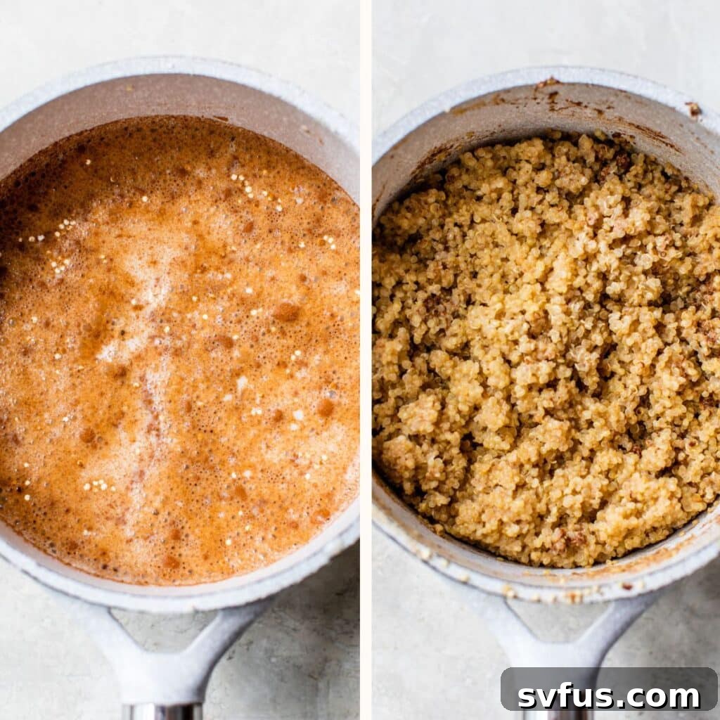 Two images side-by-side: on the left, dry quinoa and milk simmering in a saucepan; on the right, perfectly cooked and fluffy quinoa in the same pan.