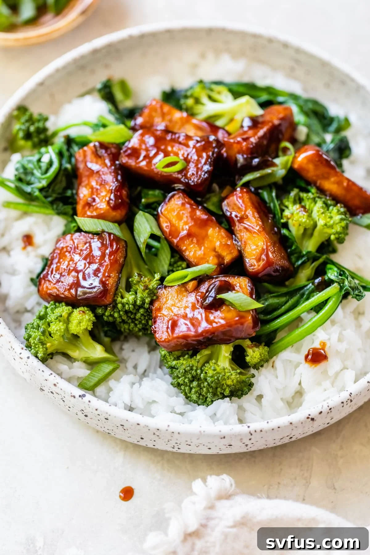 A beautifully plated bowl of Teriyaki Tofu Stir Fry, featuring fluffy white rice topped with vibrant green spinach, tender broccoli florets, and golden-brown crispy marinated tofu cubes, garnished with sliced green onions, ready to be enjoyed.