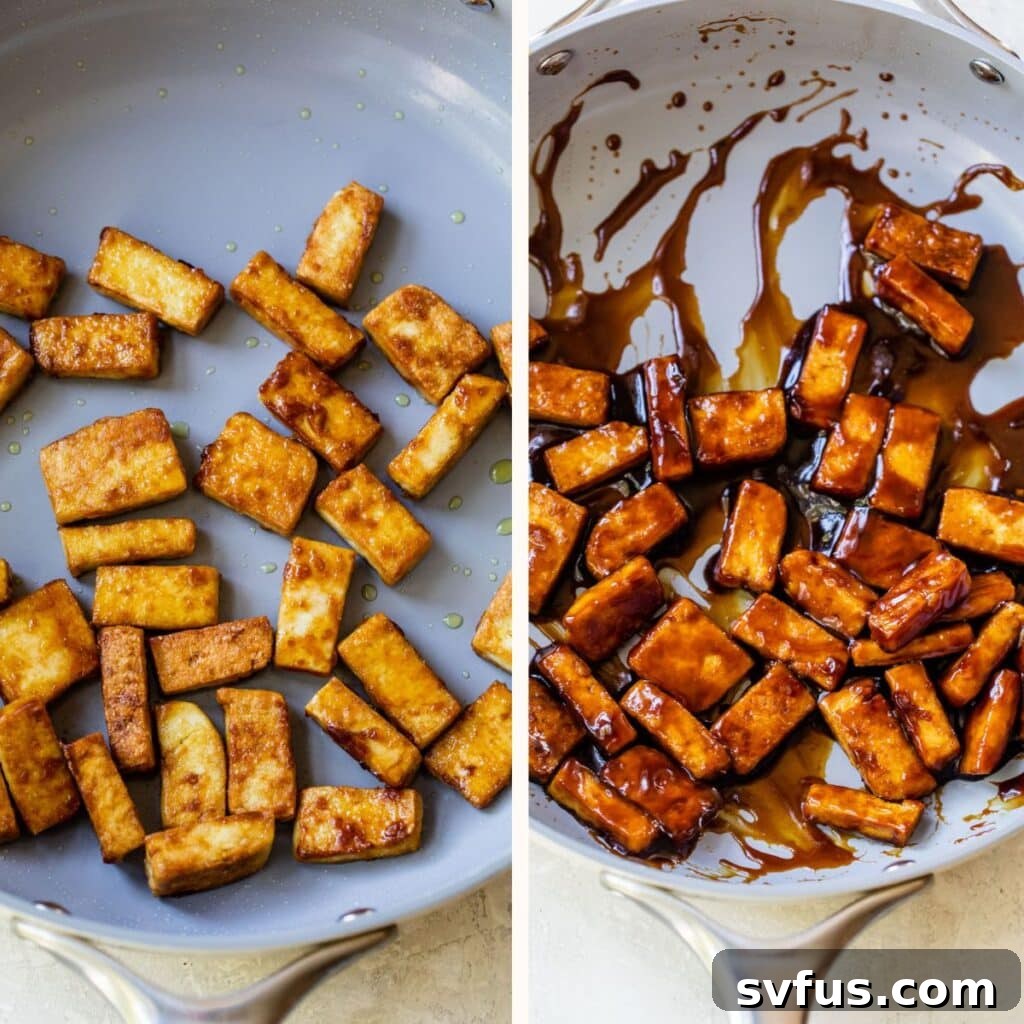 Two side-by-side images depicting the cooking process: on the left, golden-brown crispy pan-fried tofu cubes in a skillet; on the right, the same tofu now glistening, beautifully coated in a thick, rich homemade teriyaki sauce.