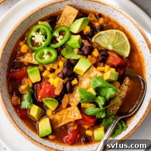 vegan tortilla soup in a bowl with a spoon topped with sliced jalapeño and tortilla strips