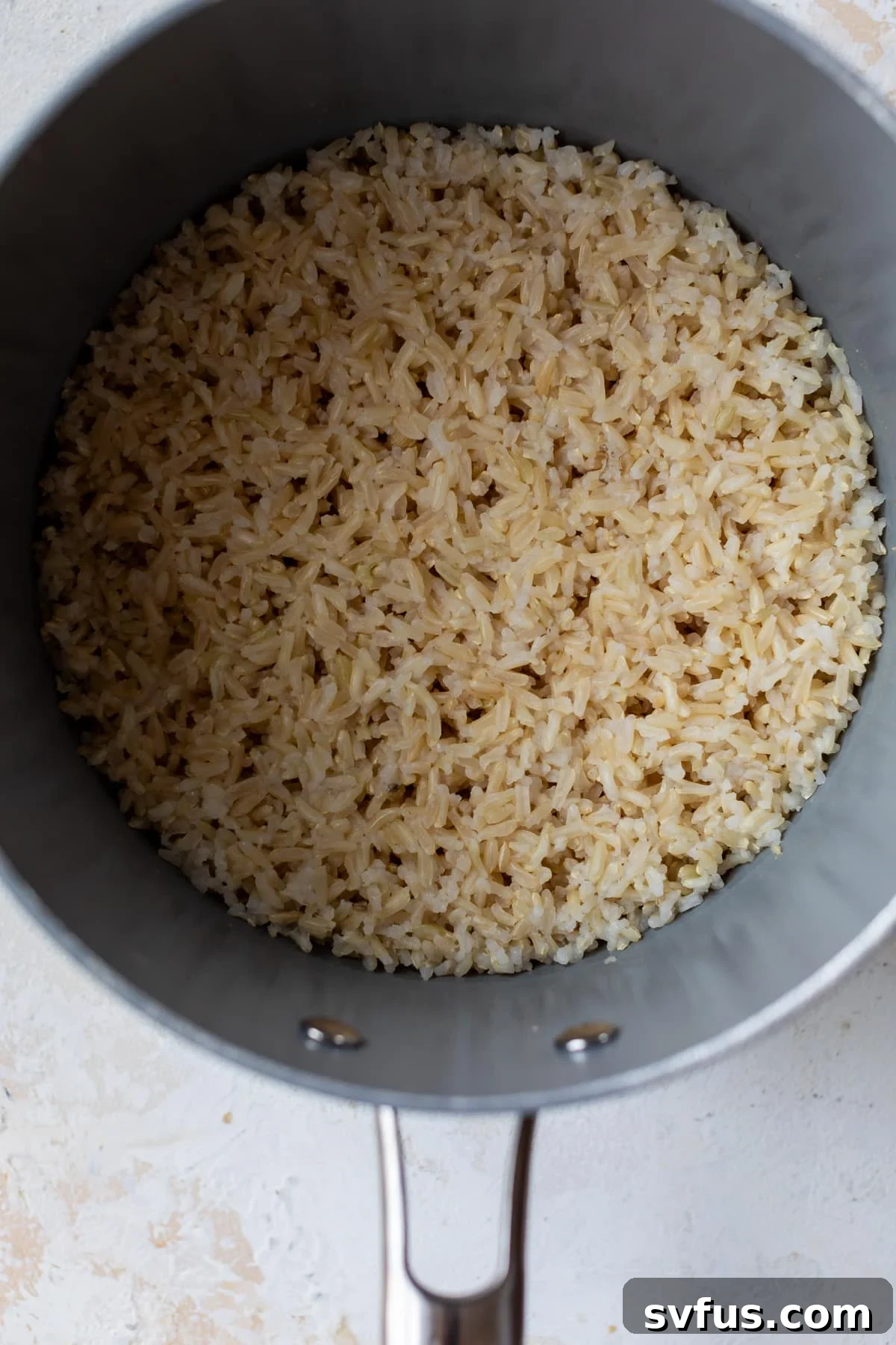 Close-up of perfectly cooked brown rice in a pot, demonstrating its fluffy texture before seasoning.