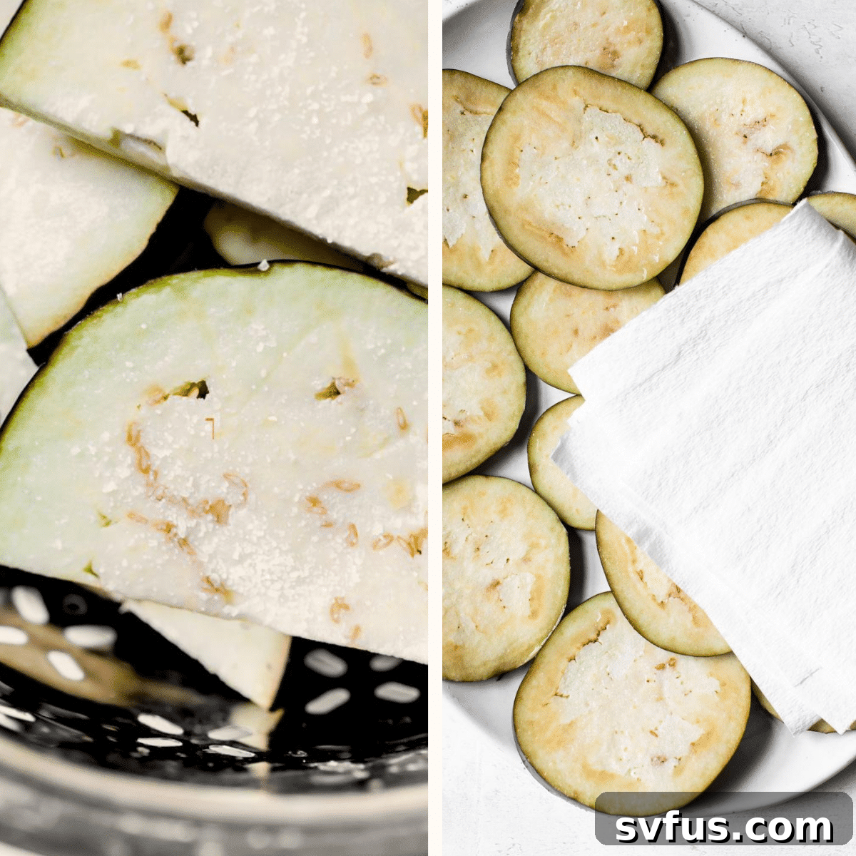 Thinly sliced eggplant rounds laid out on a plate, ready for salting and moisture removal