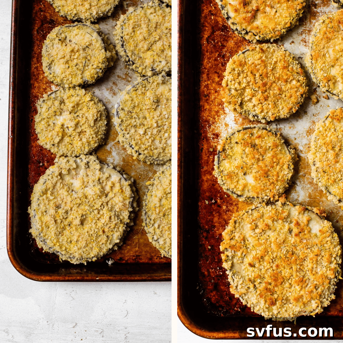 Crispy Panko-coated eggplant slices baking on a sheet pan in the oven