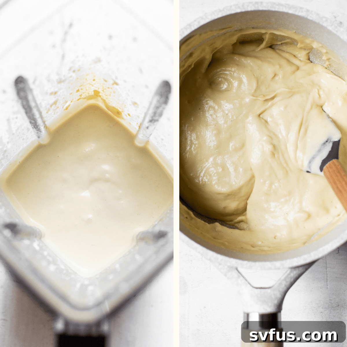 A pot of creamy, homemade vegan cheese sauce thickening on the stovetop