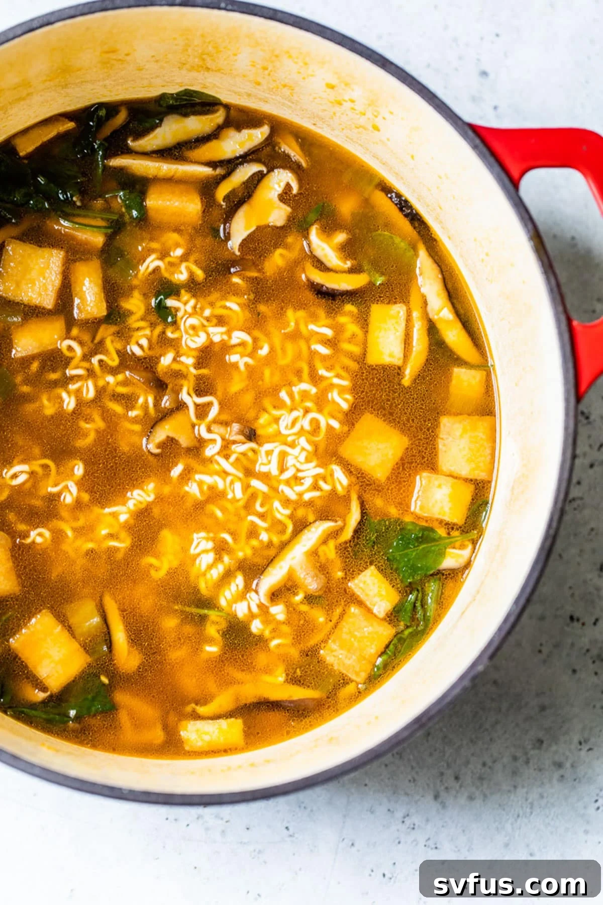 overhead view of a pot full of vegan ramen, ready to be served.
