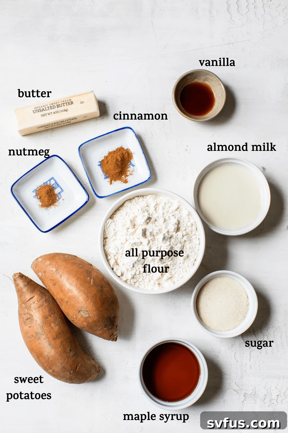 Various ingredients for a sweet potato pie, including sweet potatoes, milk, sugar, and spices, arranged on a kitchen counter with an inspirational text overlay.