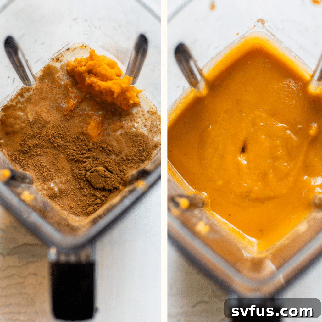 Smooth vegan sweet potato pie filling being blended in a high-speed blender.