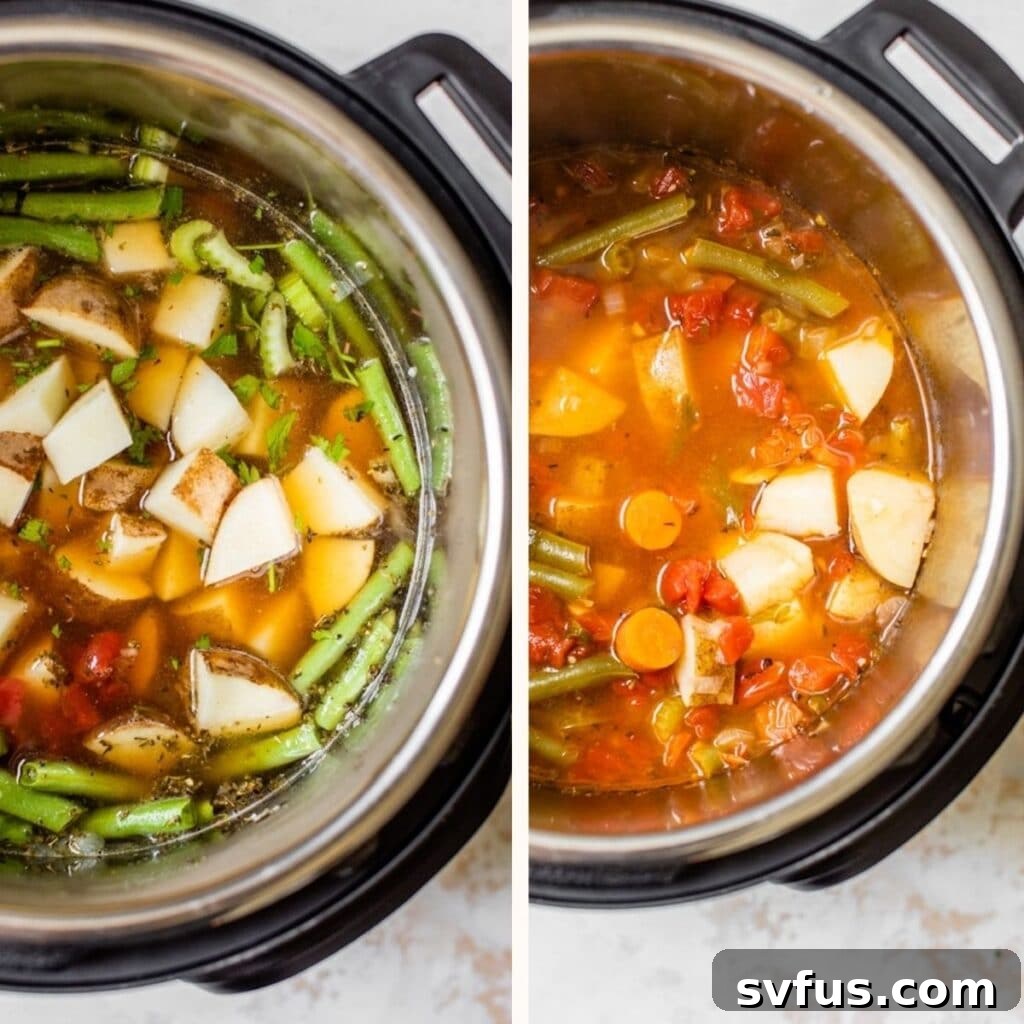 A close-up shot of the vibrant vegetable soup simmering perfectly inside an open Instant Pot, showcasing its rich textures and colors.