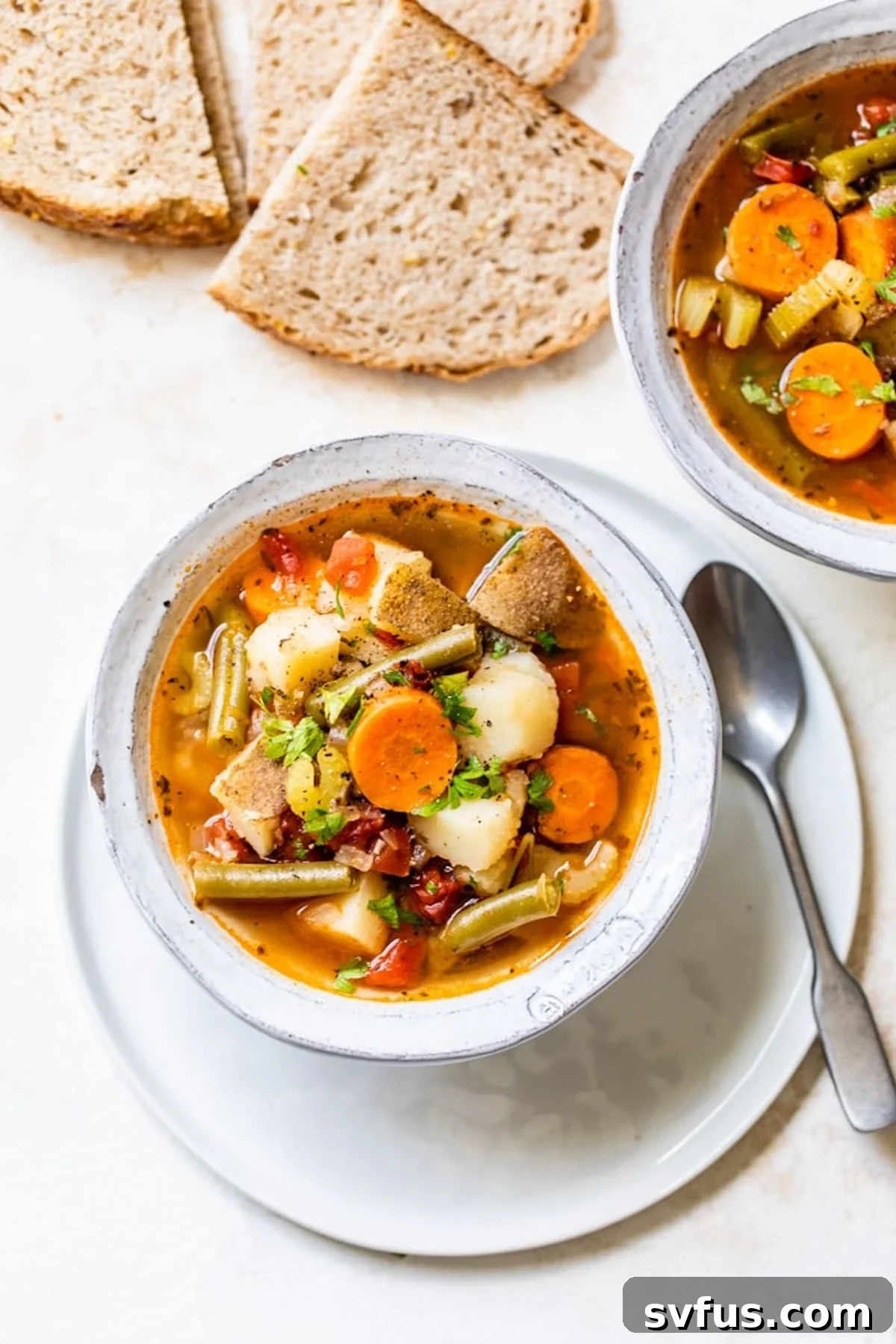 A perfectly plated bowl of Instant Pot Vegetable Soup, elegantly presented alongside several slices of fresh, crusty bread on a rustic plate, emphasizing its wholesome appeal.