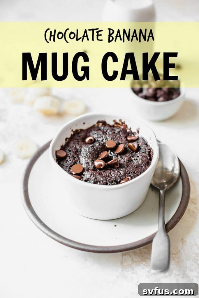 Delicious Chocolate Banana Mug Cake in a mug, ready to eat