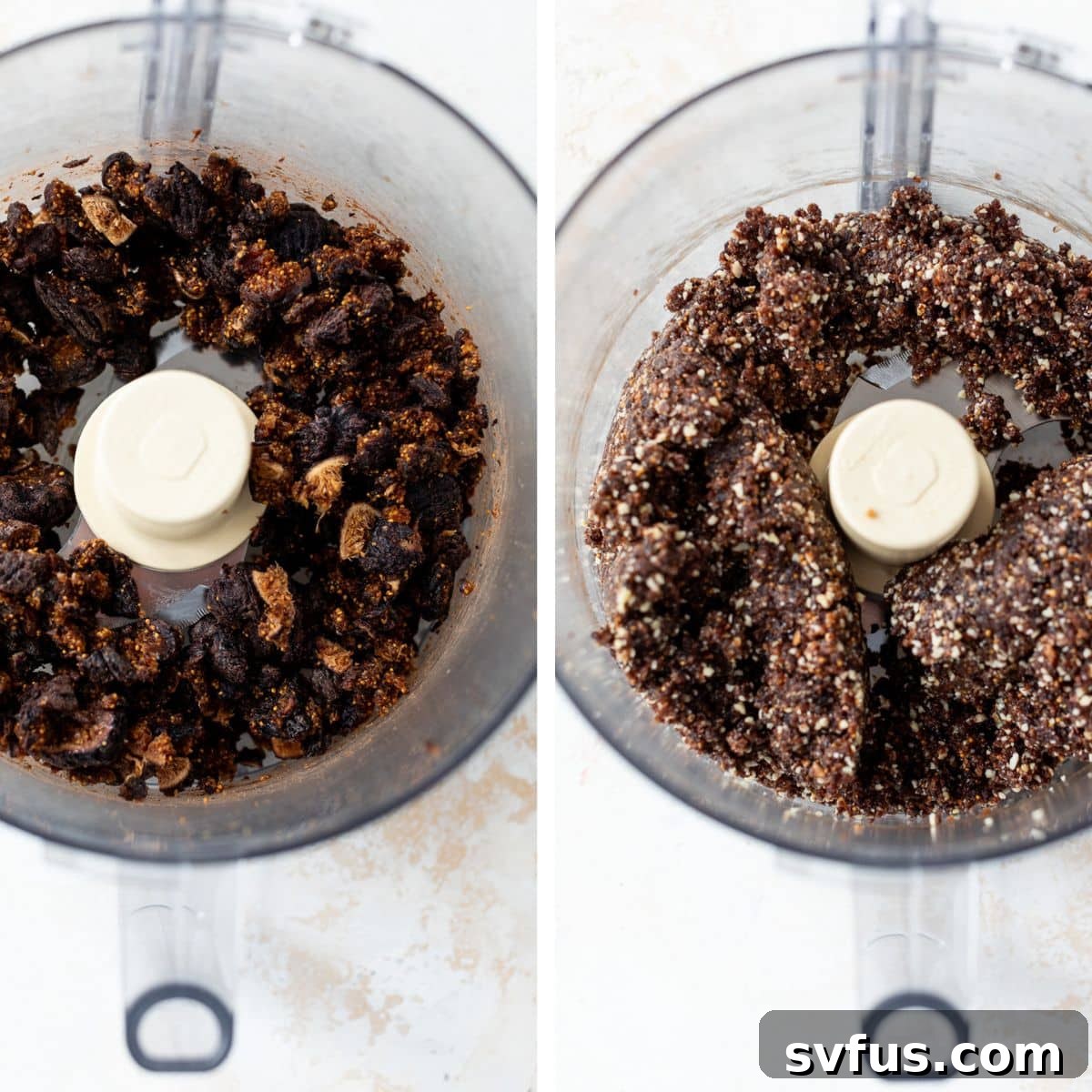 2 images: the left image shows figs added to a food processor and the right image shows figs and nuts blended together in a food processor