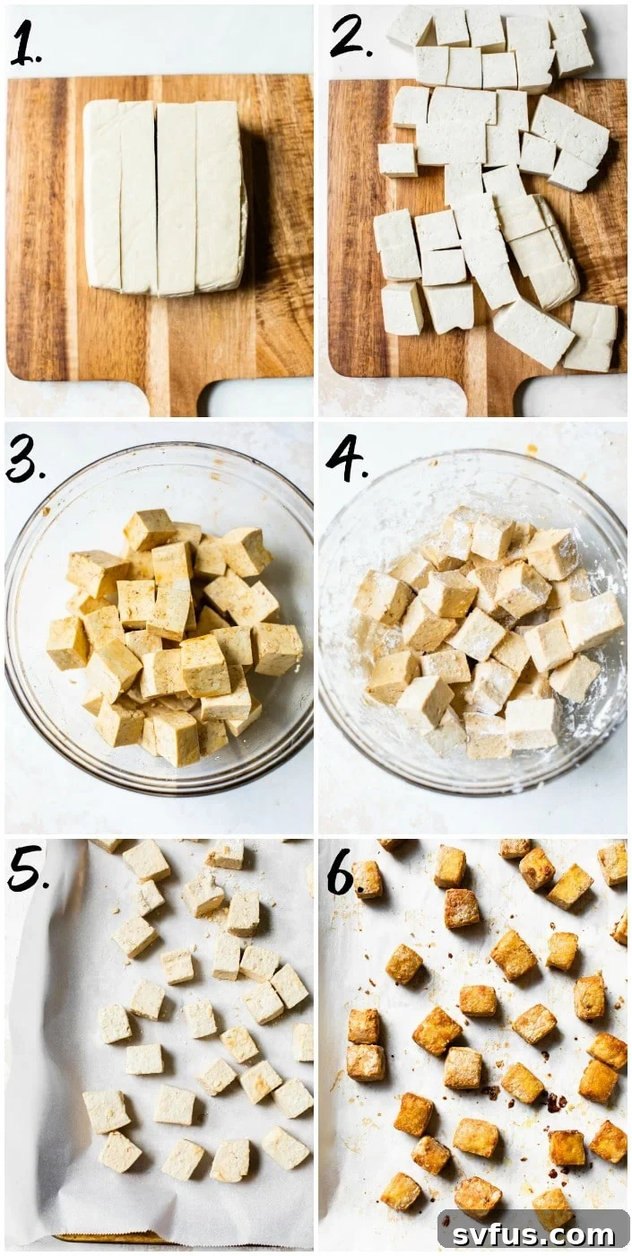 A visual sequence demonstrating the crispy baked tofu preparation: pressed tofu on a cutting board, cubed tofu in a bowl with sauce, and finally, tofu spread on a baking sheet.