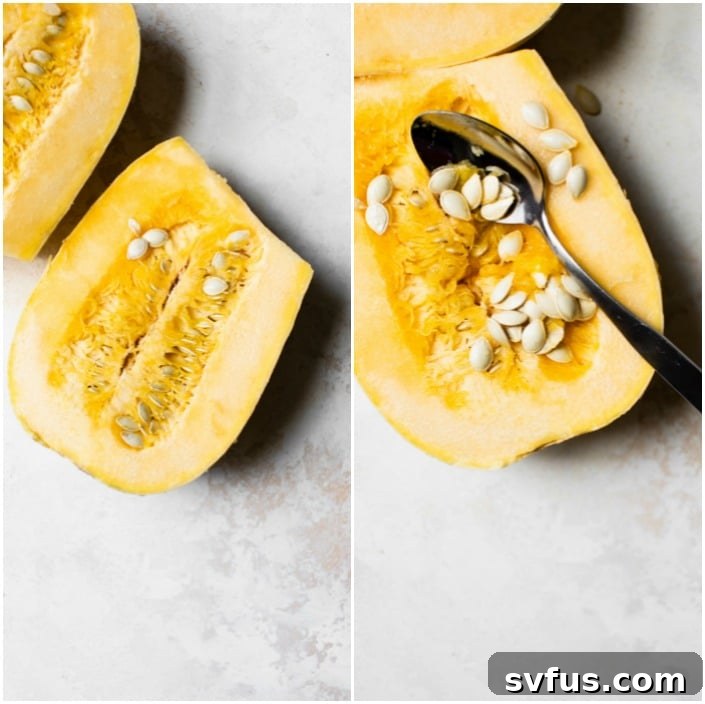 A halved spaghetti squash, revealing its fibrous interior and seeds, ready for preparation. The bright yellow flesh and distinctive texture are visible, highlighting the natural goodness of the vegetable.