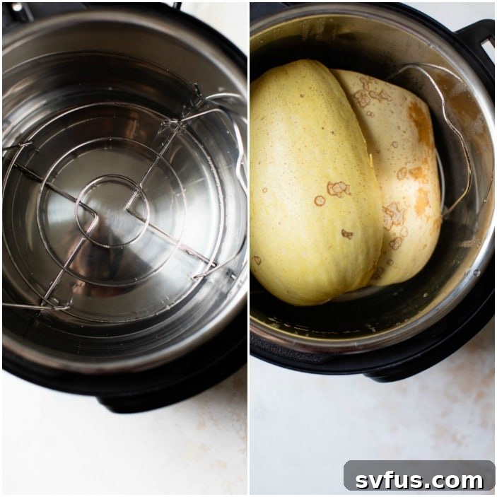 Spaghetti squash halves placed face down on a wire trivet inside an Instant Pot with water at the bottom. This image illustrates the correct setup for pressure cooking, ensuring even steaming.