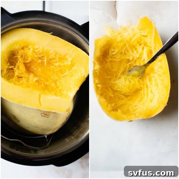 A fork scraping cooked spaghetti squash into pasta-like strands from its skin. The process is shown clearly, demonstrating how the Instant Pot perfectly cooks the squash to yield its unique texture.