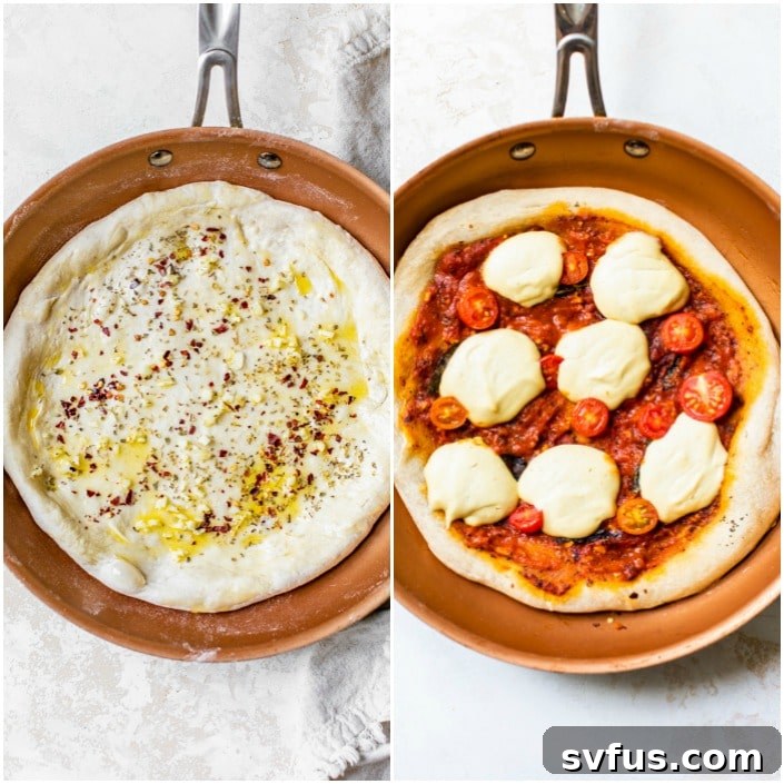 Pizza dough being stretched in a skillet, showcasing readiness for toppings.