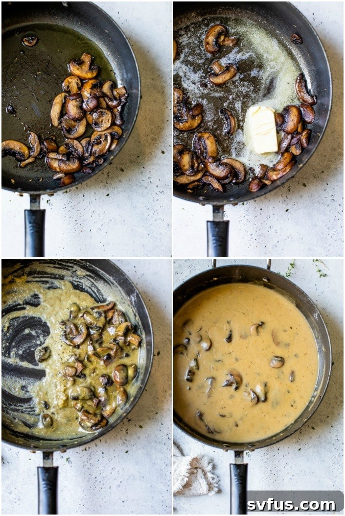 A step-by-step visual guide showing how to prepare the vegan mushroom gravy, from sautéing to simmering.