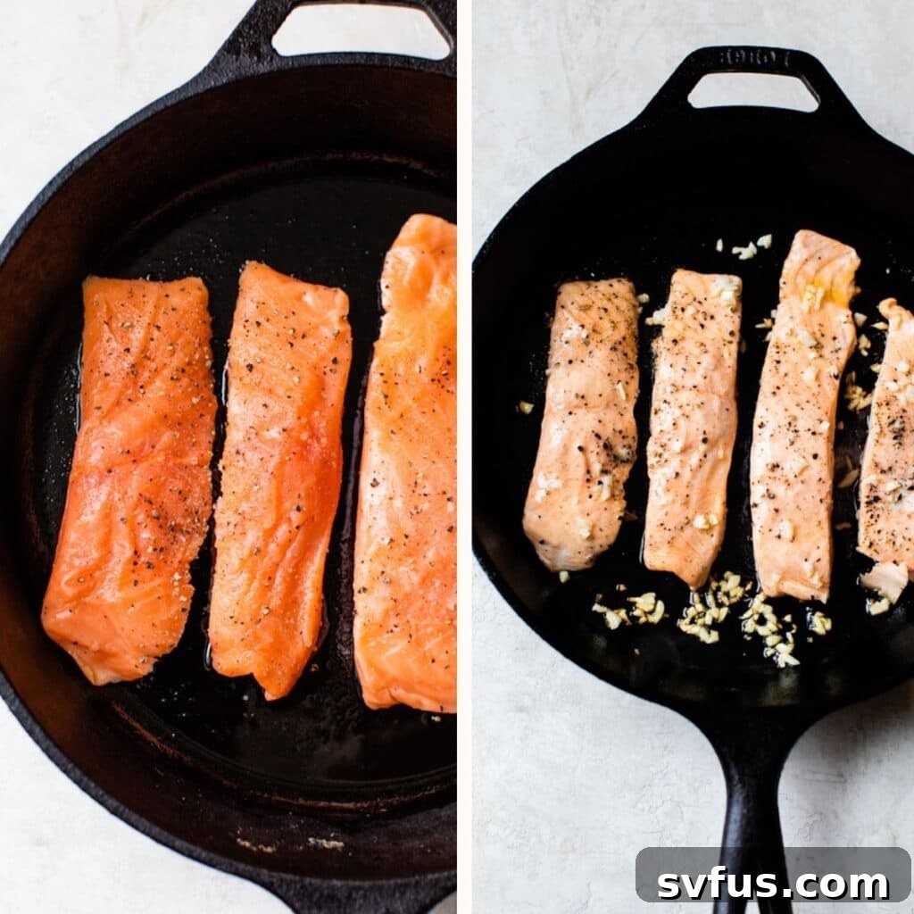 uncooked salmon in a skillet on the left and cooked salmon with garlic on the right