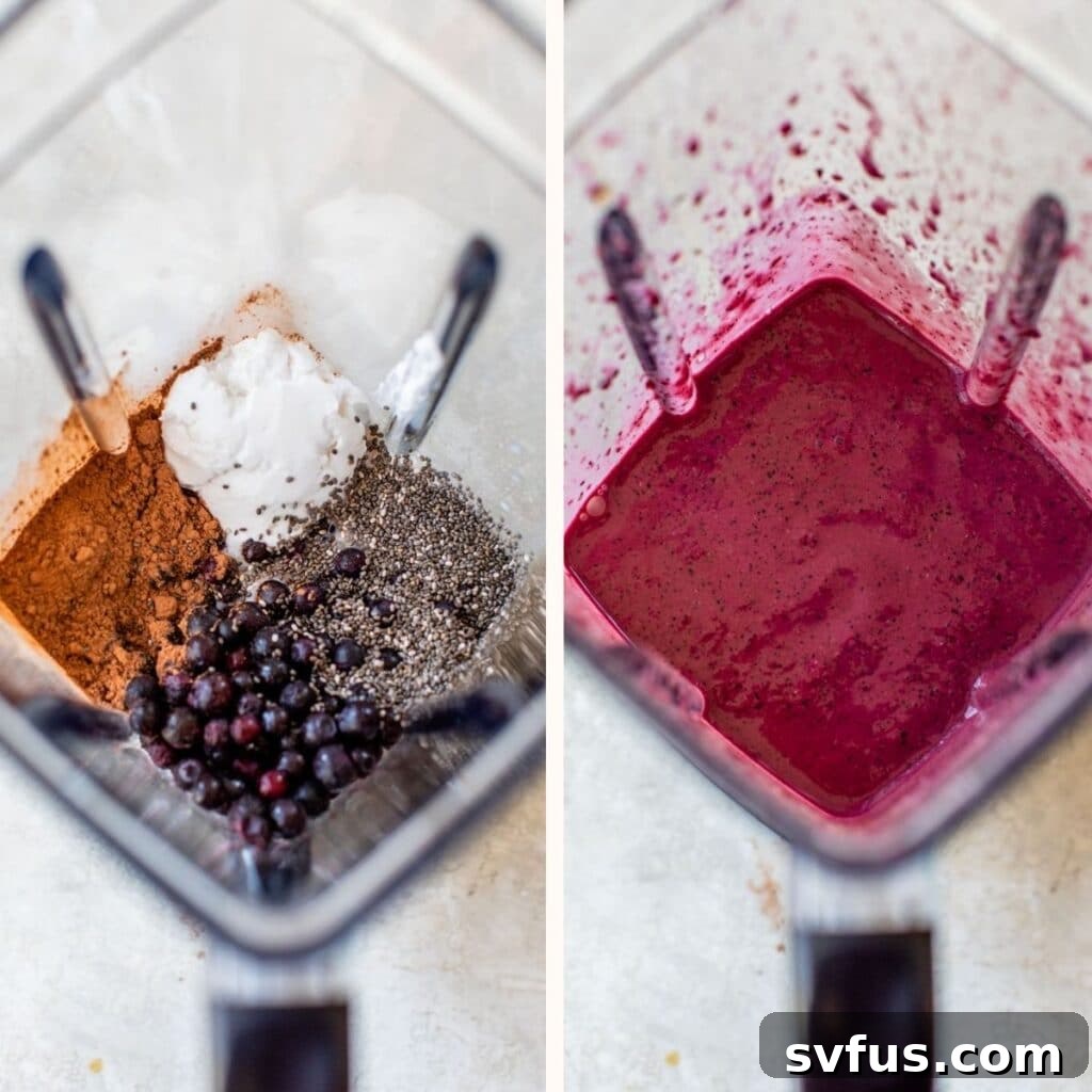 A visual representation of the smoothie-making process, showing fresh blueberries, cocoa powder, yogurt, and chia seeds initially in a blender on the left, transforming into a perfectly blended, smooth smoothie on the right.