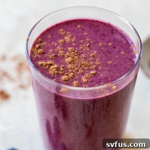 A perfectly blended chocolate blueberry smoothie, ready to serve.