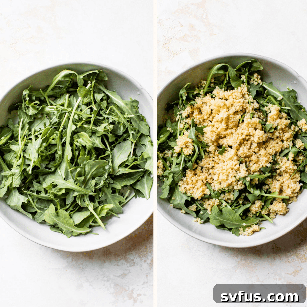 A bowl of arugula and quinoa