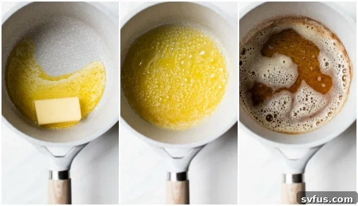 Step-by-step image of butter melting, foaming, and turning golden brown in a saucepan, demonstrating the brown butter process