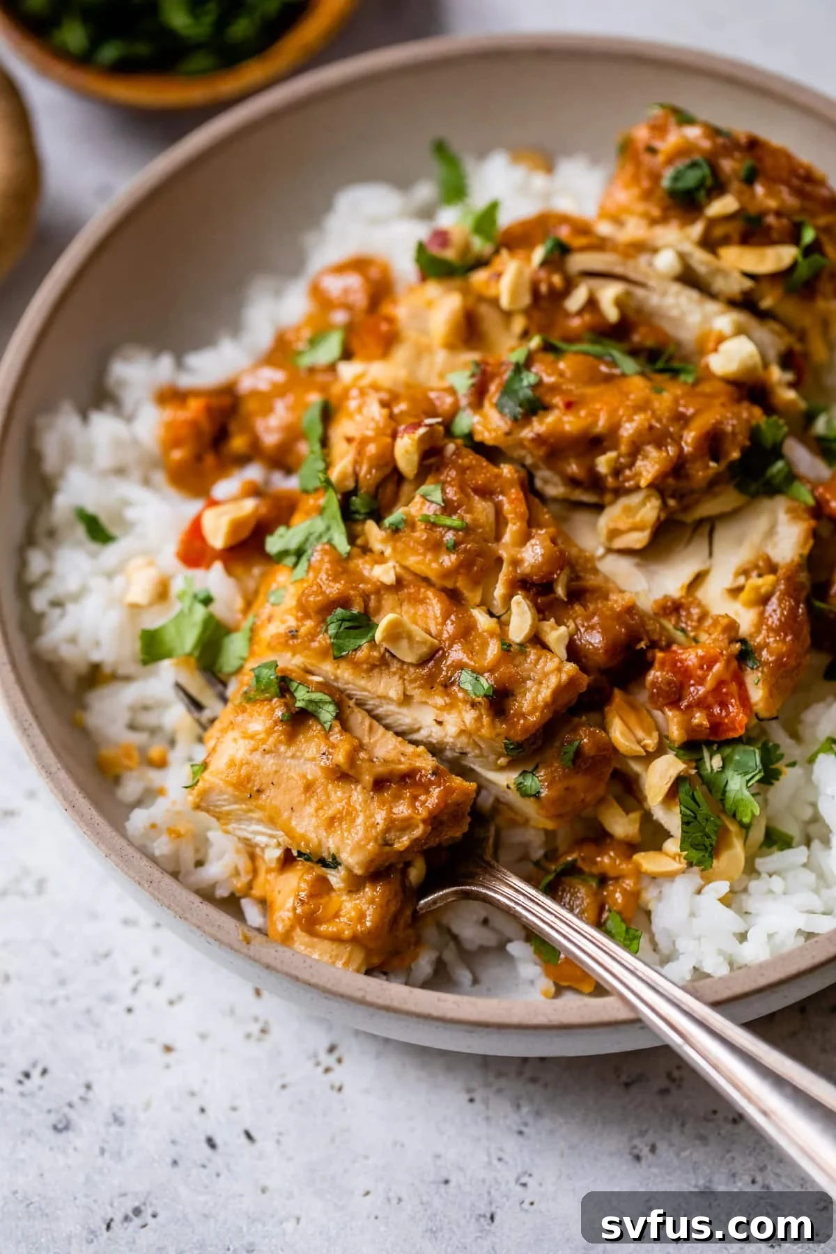 slow cooker peanut chicken on top of rice on a plate with a fork