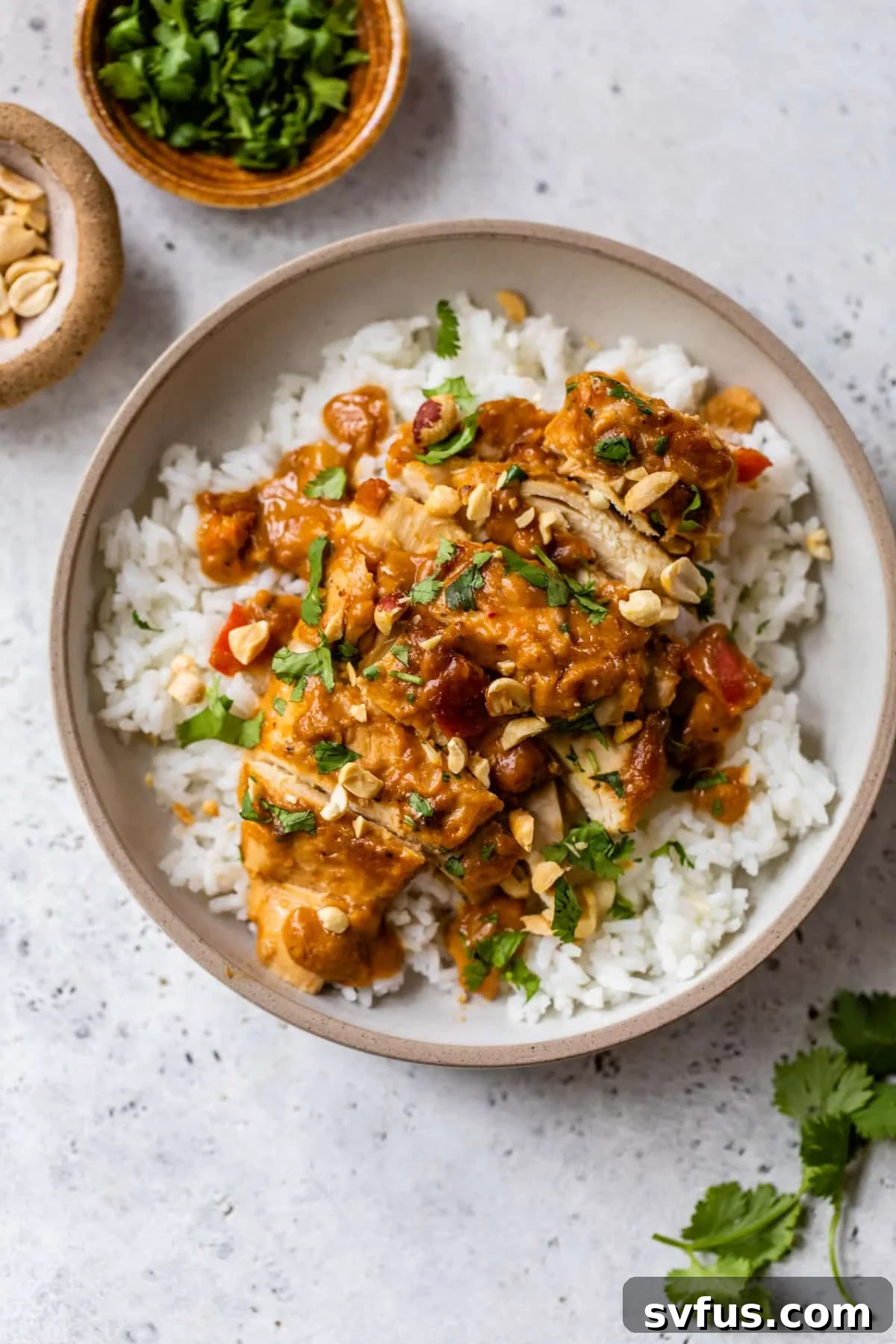 slow cooker peanut chicken on top of rice on a plate
