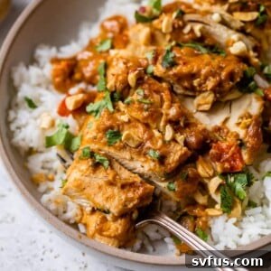 slow cooker peanut chicken on top of rice on a plate with a fork