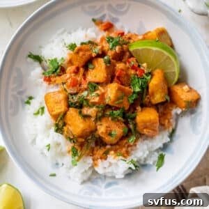 White rice topped with tofu curry in a white bowl, perfect for a meal.